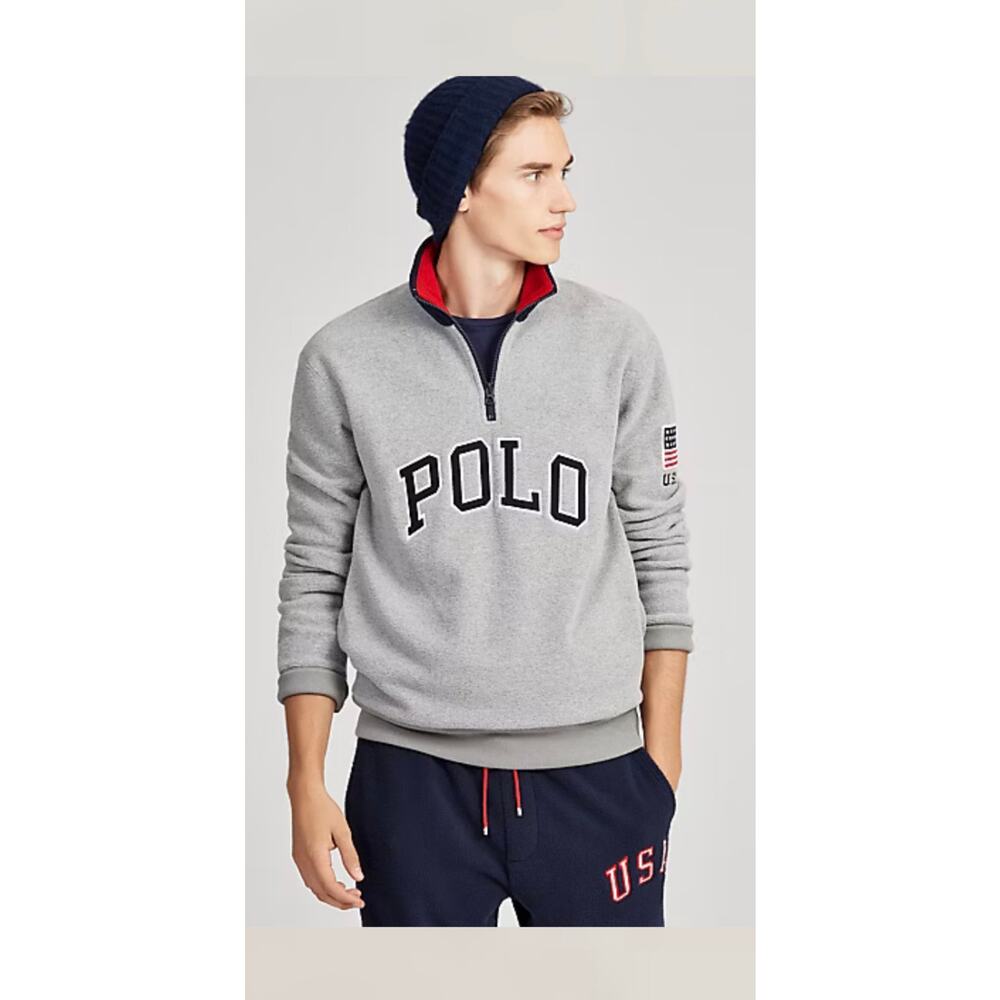 Polo Ralph Lauren 1/4 Zip Fleece USA Flag Gray Navy Pullover Preppy Spellout XL